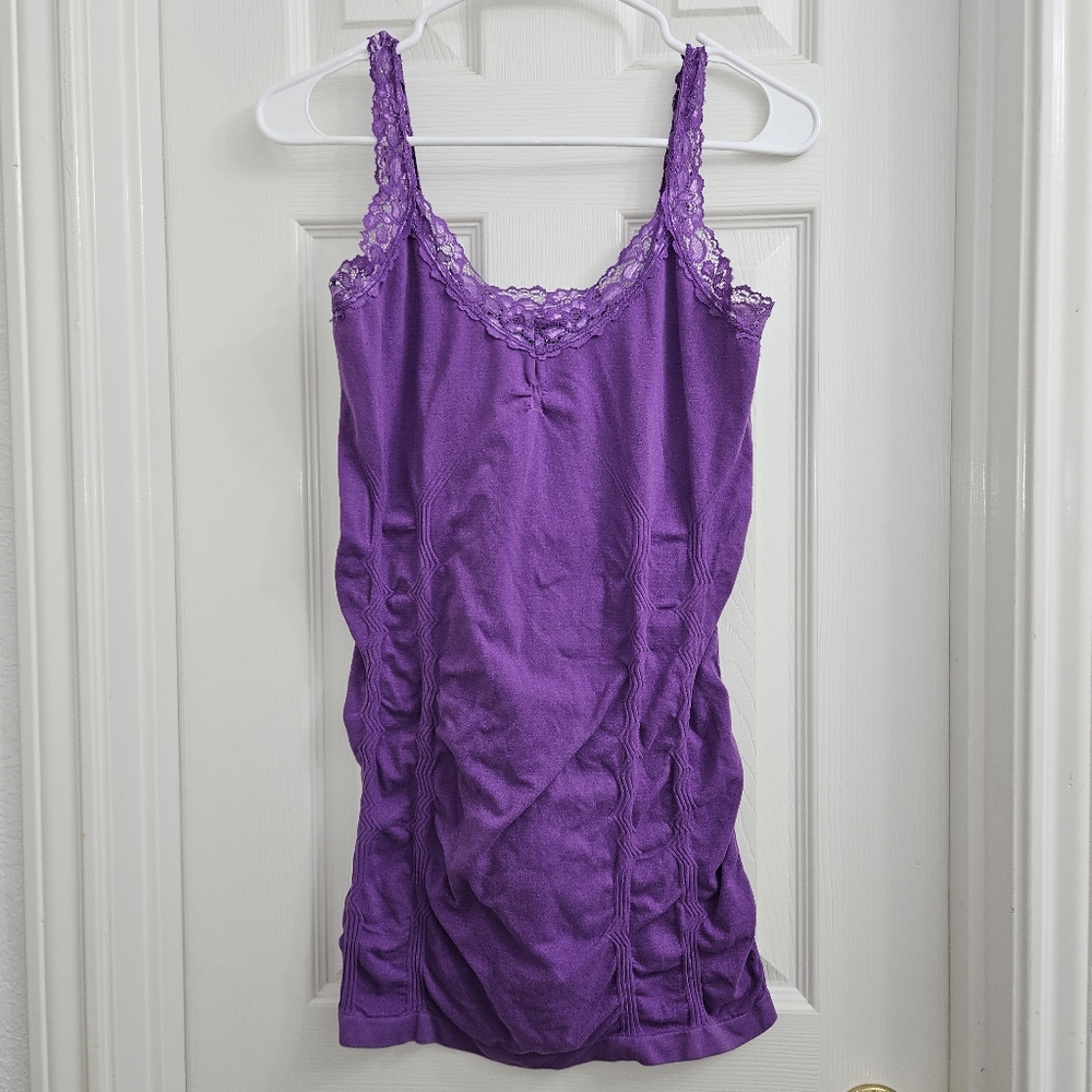 Purple Wrinkled Camisole Lace V-Neck CAMI Ruched Bodice Stretchy Tank Top (M/L)